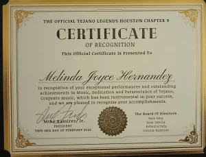 The Official Tejano Legends Melinda Joyce Hernandez certificate
