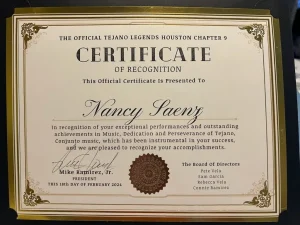 The Official Tejano Legends Nancy Saenz certificate